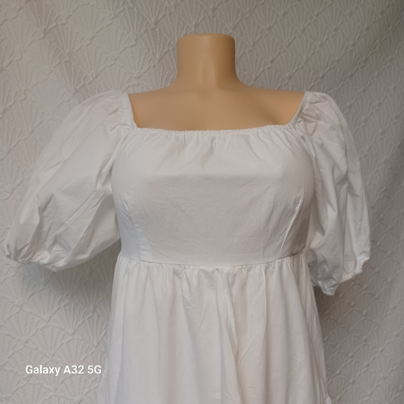 SIM Y SAM Women Size M Elegant White Puff Sleeve Dress100% Cotton Lining - Picture 3 of 13